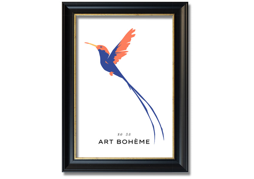 A beautifully framed print of a hummingbird in flight, showcasing vibrant colors and intricate details, ready to hang.