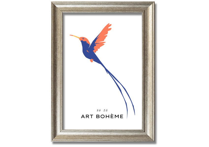 A beautifully framed print of a hummingbird in flight, showcasing vibrant colors and intricate details, ready to hang.