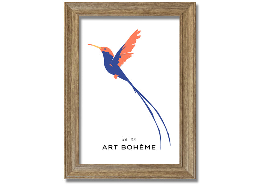 A beautifully framed print of a hummingbird in flight, showcasing vibrant colors and intricate details, ready to hang.