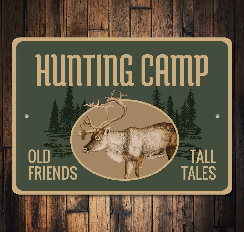 Customizable Hunting Camp Sign made from high-quality aluminum, featuring pre-drilled holes for easy mounting.