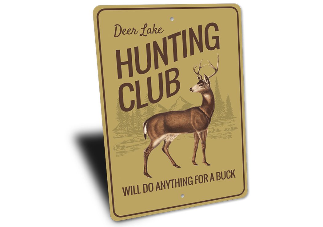 Customizable Hunting Club Sign made of high-quality aluminum, featuring a rustic design suitable for home decor.