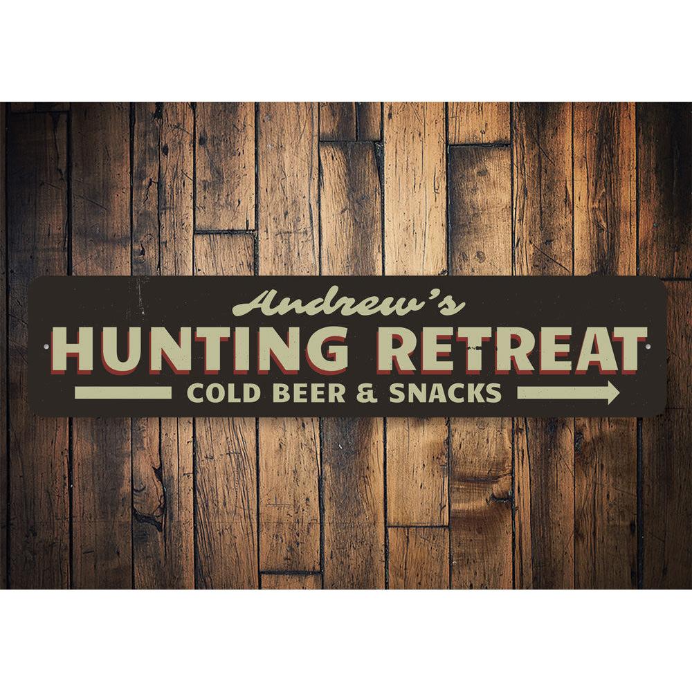 Customizable aluminum Hunting Retreat Name Sign with pre-drilled holes for easy mounting.