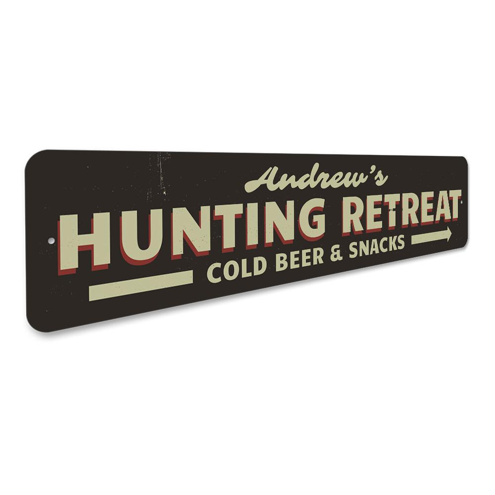 Customizable aluminum Hunting Retreat Name Sign with pre-drilled holes for easy mounting.