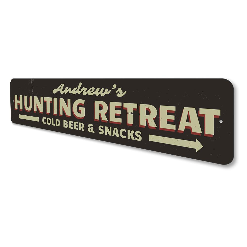 Customizable aluminum Hunting Retreat Name Sign with pre-drilled holes for easy mounting.