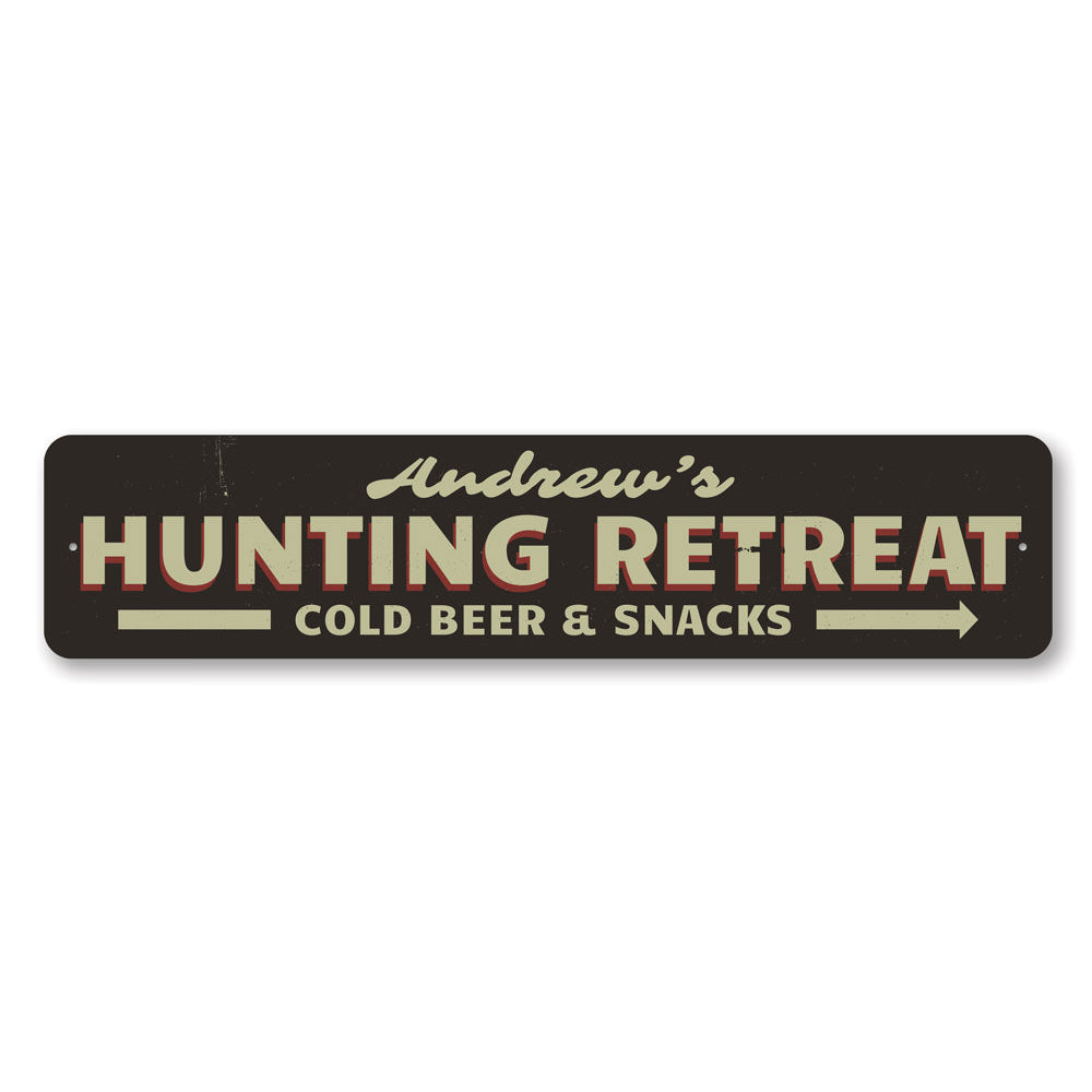 Customizable aluminum Hunting Retreat Name Sign with pre-drilled holes for easy mounting.