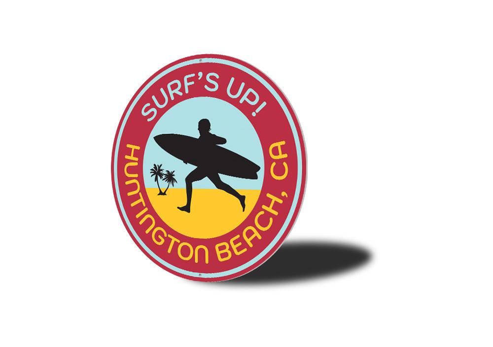 Huntington Beach Surfing Sign made of high-quality aluminum, featuring customizable text and pre-drilled holes for easy mounting.