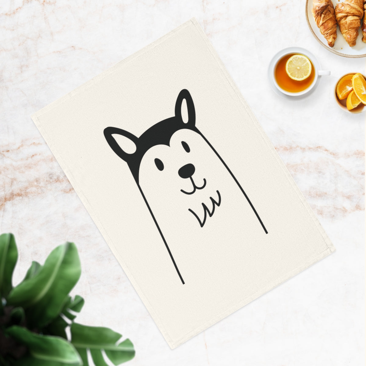 A soft and eco-friendly Husky dog cotton tea towel, featuring a charming Husky print, measuring 50 x 70 cm, perfect for kitchen or bathroom use.