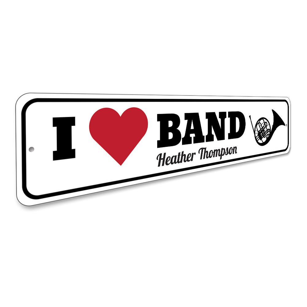 I Love Band Sign made of high-quality aluminum, featuring a stylish design perfect for music lovers, ideal for home decor.