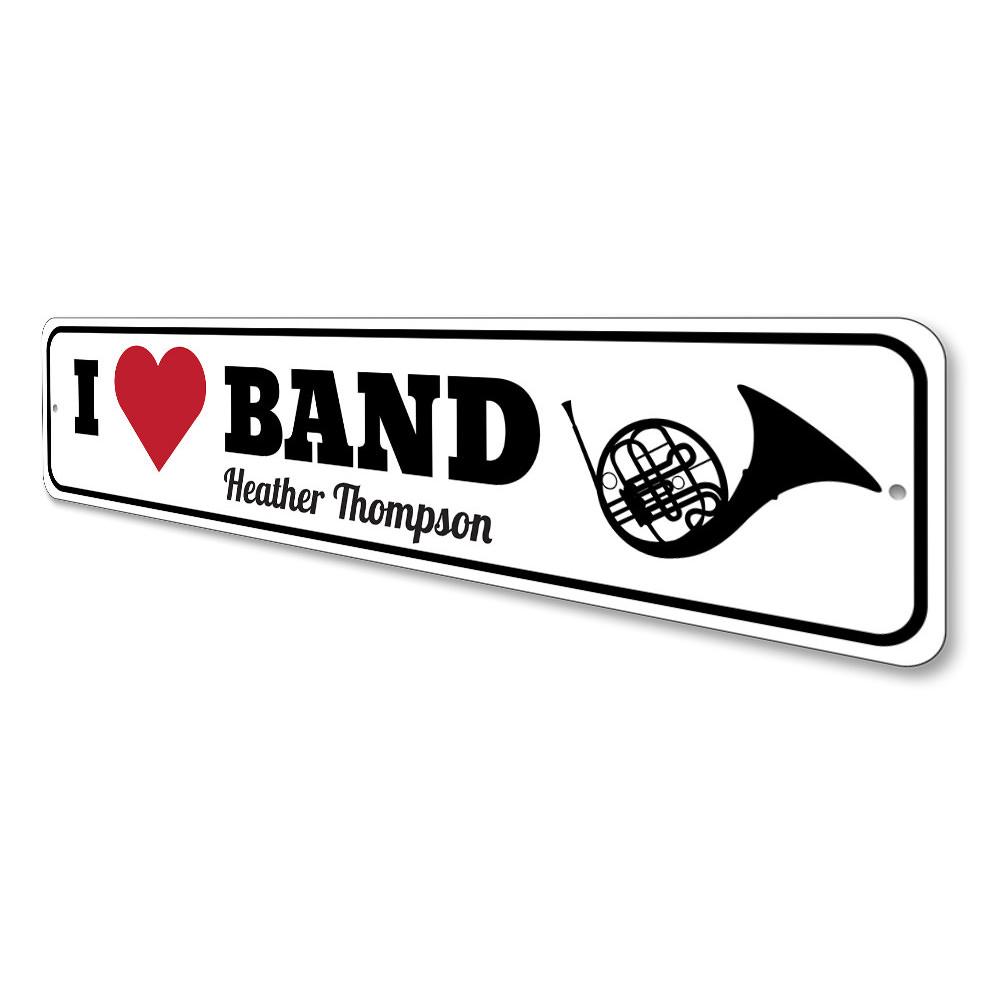 I Love Band Sign made of high-quality aluminum, featuring a stylish design perfect for music lovers, ideal for home decor.