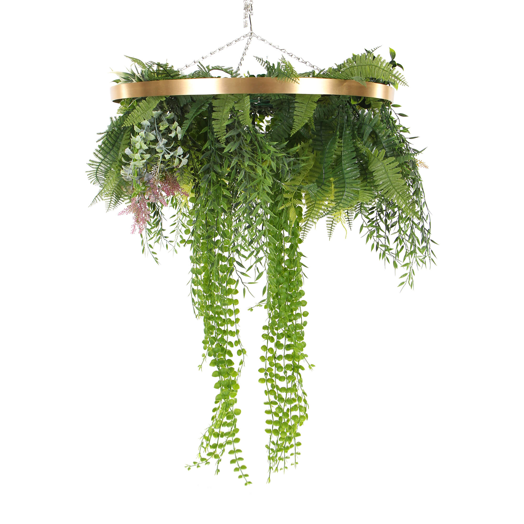 Imitation Gold Artificial Hanging Green Wall Disc, 40cm, featuring lush green foliage and gold accents, perfect for indoor decoration.