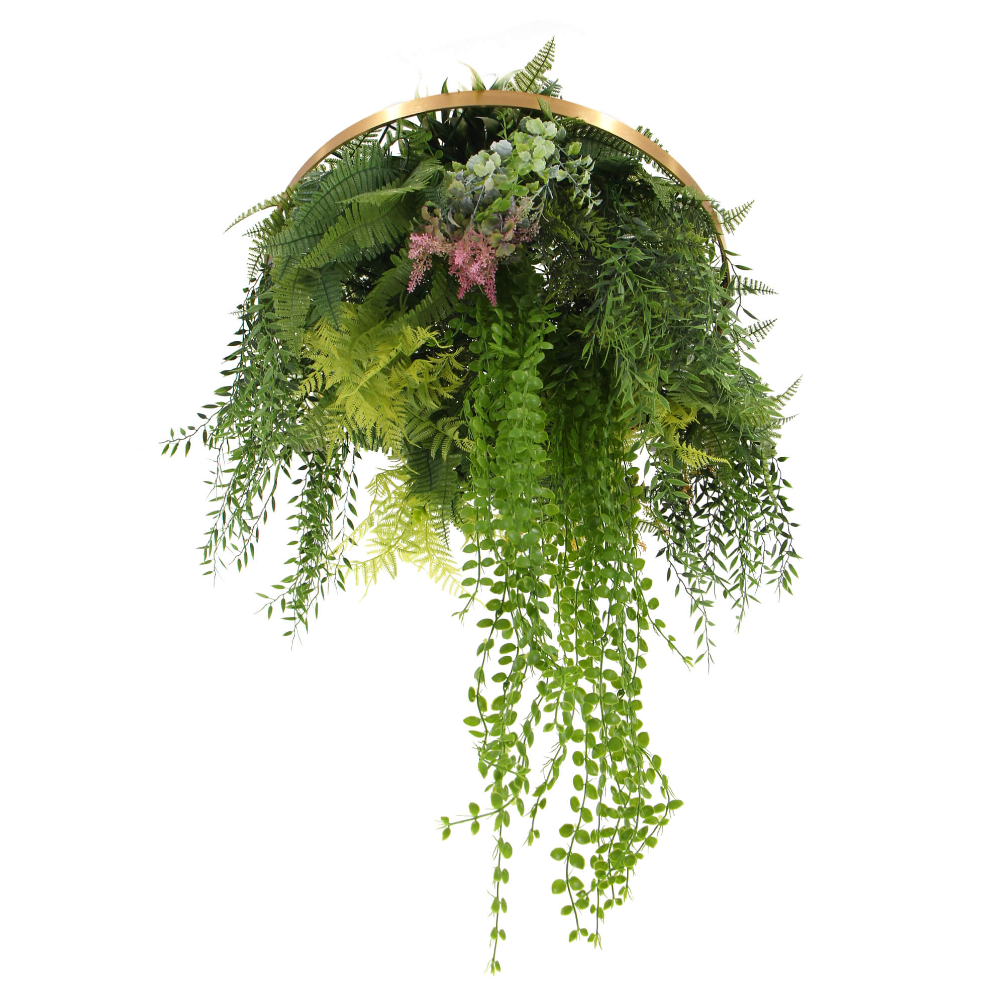 Imitation Gold Artificial Hanging Green Wall Disc, 40cm, featuring lush green foliage and gold accents, perfect for indoor decoration.