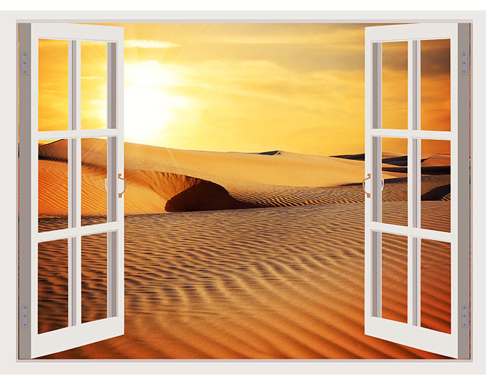 A vibrant 3D window wall decal showcasing a scenic view, designed for easy application and removal on smooth surfaces.