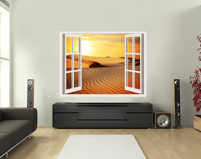 A vibrant 3D window wall decal showcasing a scenic view, designed for easy application and removal on smooth surfaces.