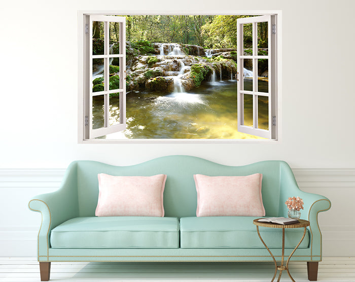 A vibrant living room featuring impressive 3D window wall decals, showcasing colorful designs on smooth surfaces.