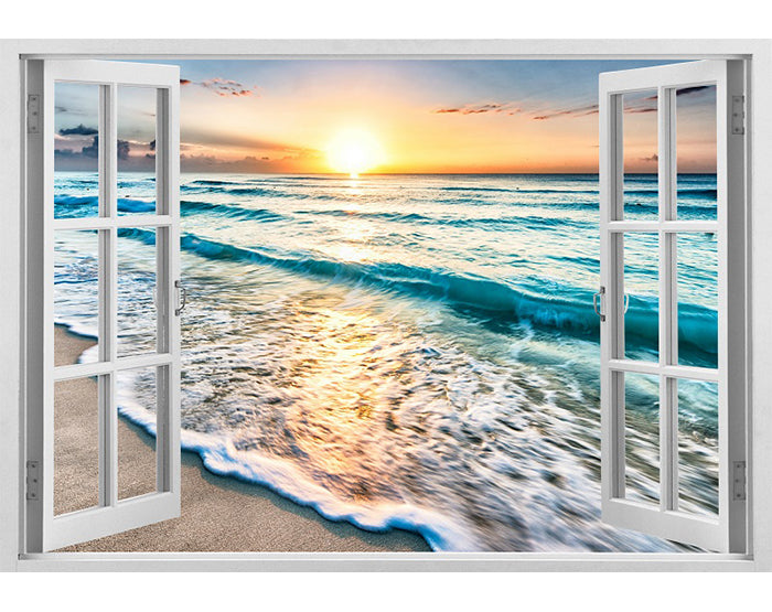 A vibrant 3D window wall decal showcasing a scenic view, designed for easy application and removal on smooth surfaces.