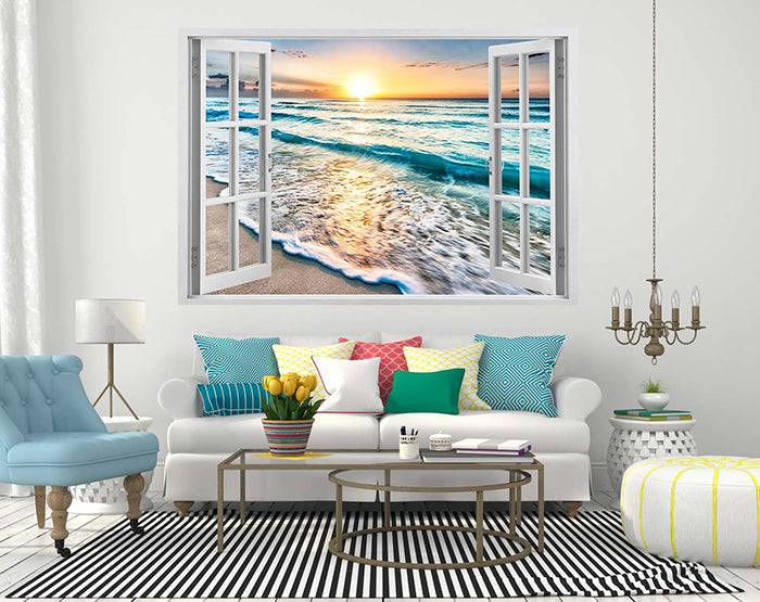 A vibrant 3D window wall decal showcasing a scenic view, designed for easy application and removal on smooth surfaces.
