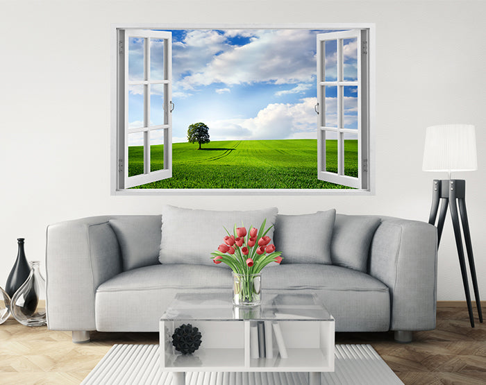 A vibrant 3D window wall decal showcasing a scenic view, designed for easy application and removal on smooth surfaces.