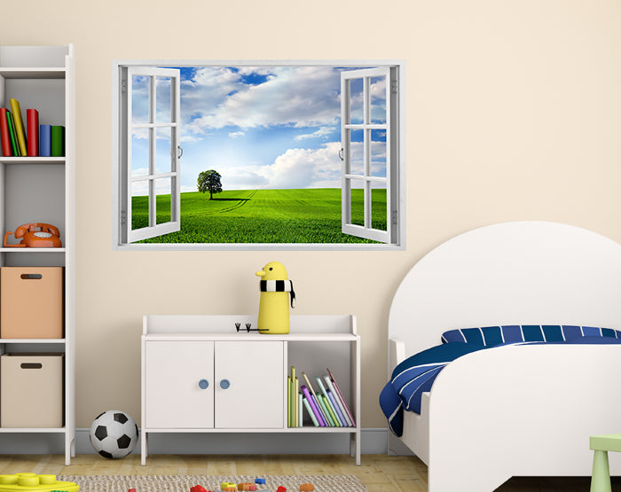 A vibrant 3D window wall decal showcasing a scenic view, designed for easy application and removal on smooth surfaces.