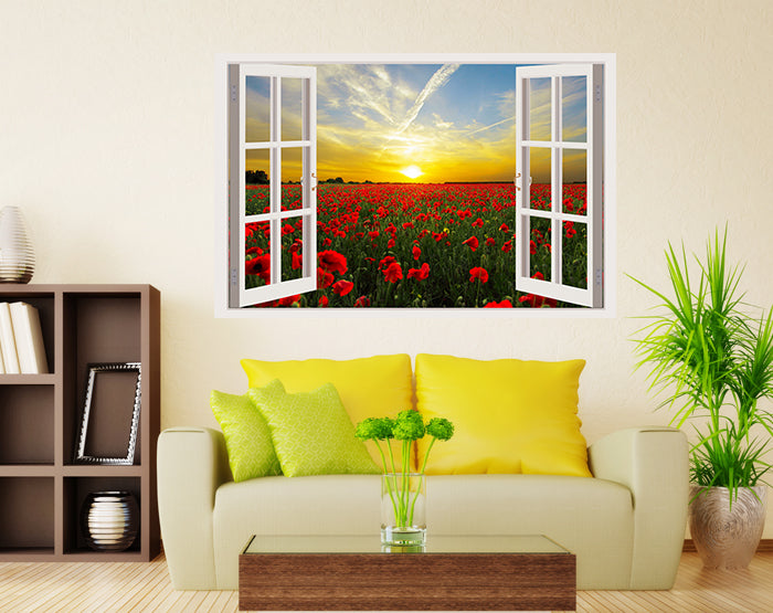 A vibrant living room featuring impressive 3D window wall decals, showcasing colorful designs that enhance the decor and create a lively atmosphere.