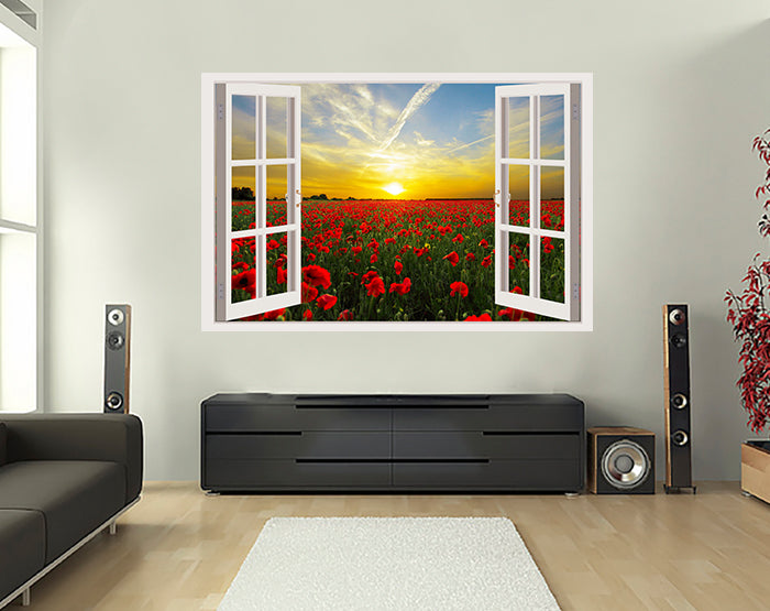 A vibrant living room featuring impressive 3D window wall decals, showcasing colorful designs that enhance the decor and create a lively atmosphere.