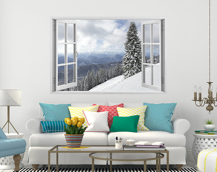 A vibrant 3D window wall decal showcasing a scenic view, designed for easy application and removal on smooth surfaces.