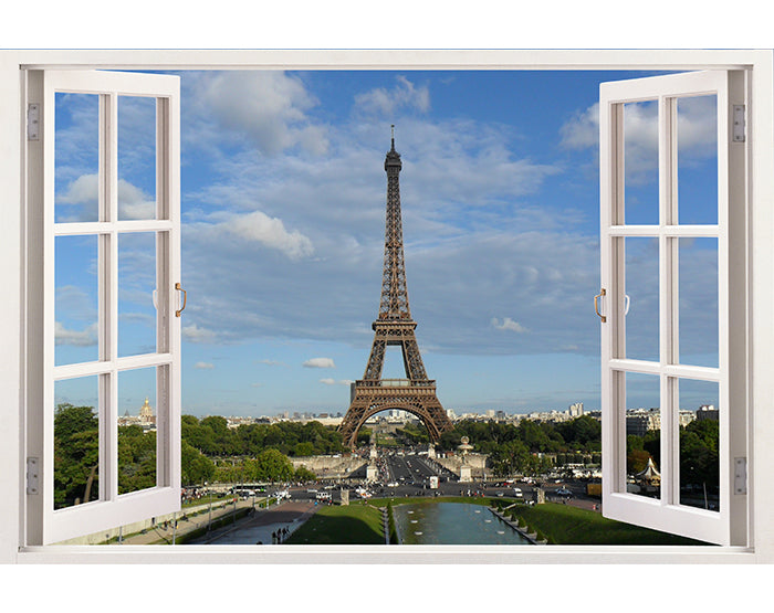 A vibrant 3D window wall decal showcasing a beautiful landscape view, designed for easy application and removal on smooth surfaces.