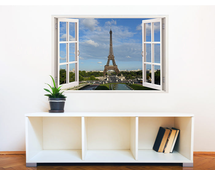 A vibrant 3D window wall decal showcasing a beautiful landscape view, designed for easy application and removal on smooth surfaces.