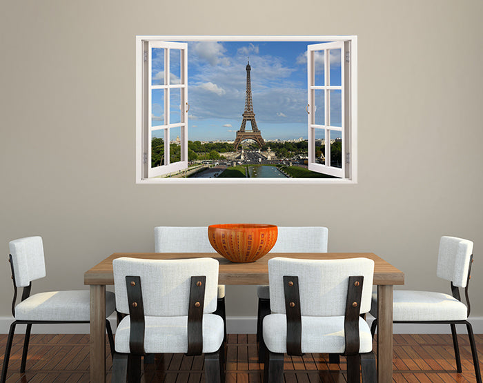 A vibrant 3D window wall decal showcasing a beautiful landscape view, designed for easy application and removal on smooth surfaces.