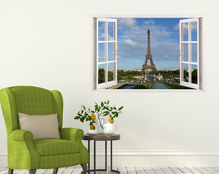 A vibrant 3D window wall decal showcasing a beautiful landscape view, designed for easy application and removal on smooth surfaces.