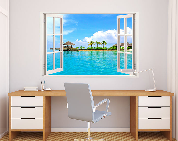 A vibrant living room featuring impressive 3D window wall decals, showcasing colorful designs that enhance the decor.