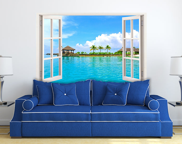 A vibrant living room featuring impressive 3D window wall decals, showcasing colorful designs that enhance the decor.