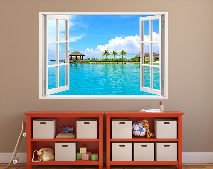 A vibrant living room featuring impressive 3D window wall decals, showcasing colorful designs that enhance the decor.