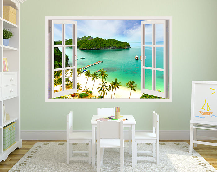 A vibrant 3D window wall decal showcasing a scenic view, designed for easy application and removal on smooth surfaces.