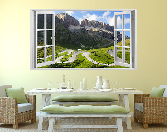 A vibrant living room featuring impressive 3D window wall decals, showcasing colorful designs on smooth surfaces.