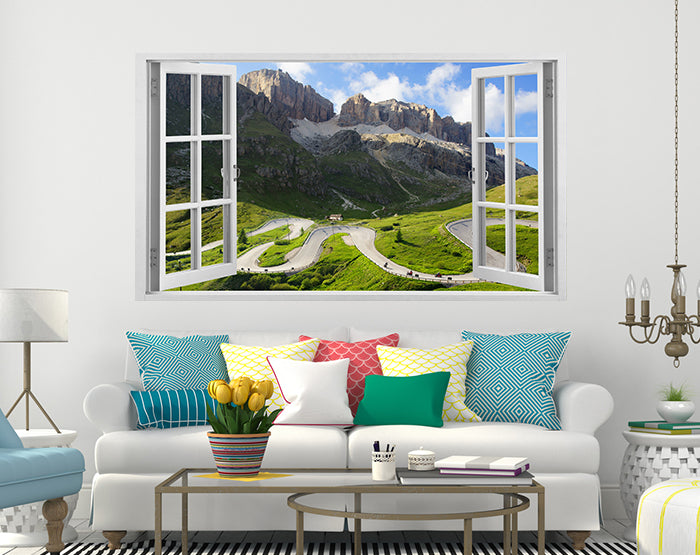 A vibrant living room featuring impressive 3D window wall decals, showcasing colorful designs on smooth surfaces.