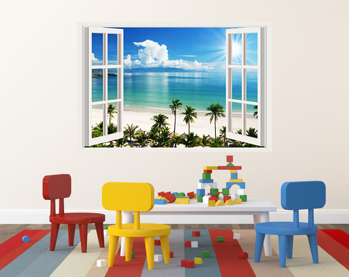 A vibrant 3D window wall decal showcasing a scenic view, designed for easy application and removal on smooth surfaces.