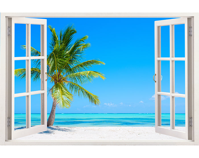 A vibrant 3D window wall decal showcasing a scenic view, designed for easy application and removal on smooth surfaces.