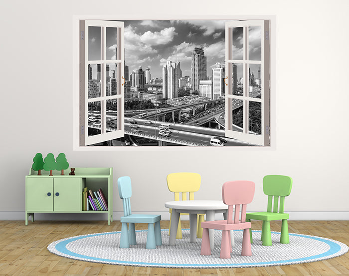 A vibrant living room featuring impressive 3D window wall decals, showcasing colorful designs that enhance the decor.