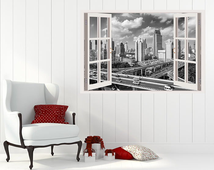 A vibrant living room featuring impressive 3D window wall decals, showcasing colorful designs that enhance the decor.