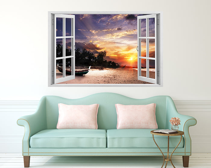 A vibrant 3D window wall decal showcasing a scenic view, designed for easy application and removal on smooth surfaces.