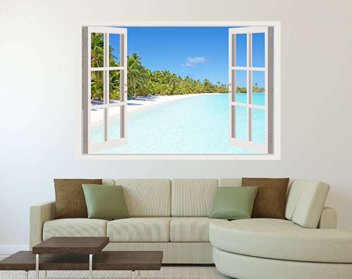 A vibrant living room featuring impressive 3D window wall decals that enhance the decor with a colorful and artistic touch.