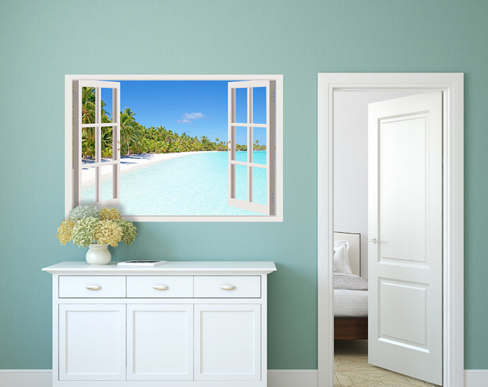 A vibrant living room featuring impressive 3D window wall decals that enhance the decor with a colorful and artistic touch.