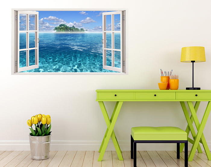 A vibrant 3D window wall decal showcasing a scenic view, designed for easy application on smooth surfaces.
