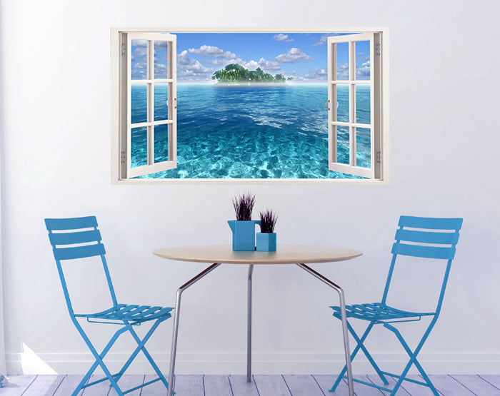 A vibrant 3D window wall decal showcasing a scenic view, designed for easy application on smooth surfaces.