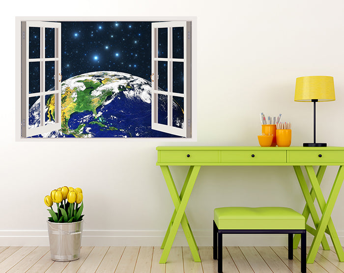 A vibrant living room featuring impressive 3D window wall decals, showcasing a scenic view with colorful designs on a smooth wall surface.