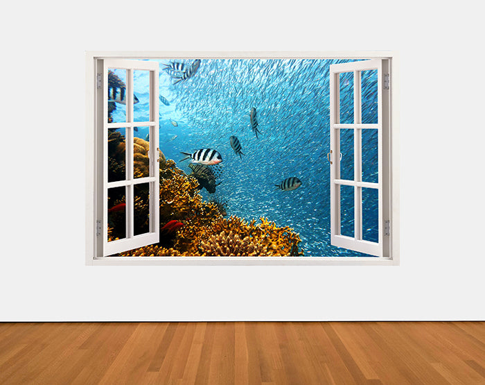 A vibrant and colorful 3D window wall decal showcasing a scenic view, perfect for enhancing interior decor.