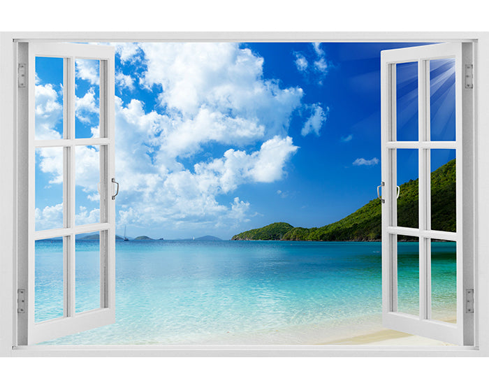A vibrant 3D window wall decal showcasing a scenic view, designed for easy application and removal on smooth surfaces.