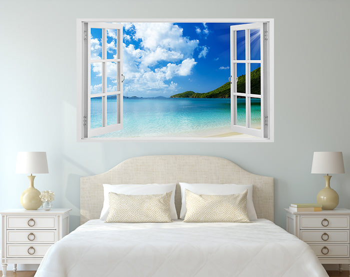 A vibrant 3D window wall decal showcasing a scenic view, designed for easy application and removal on smooth surfaces.