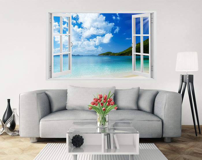 A vibrant 3D window wall decal showcasing a scenic view, designed for easy application and removal on smooth surfaces.