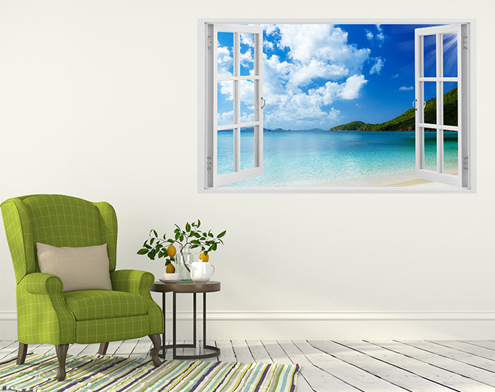 A vibrant 3D window wall decal showcasing a scenic view, designed for easy application and removal on smooth surfaces.